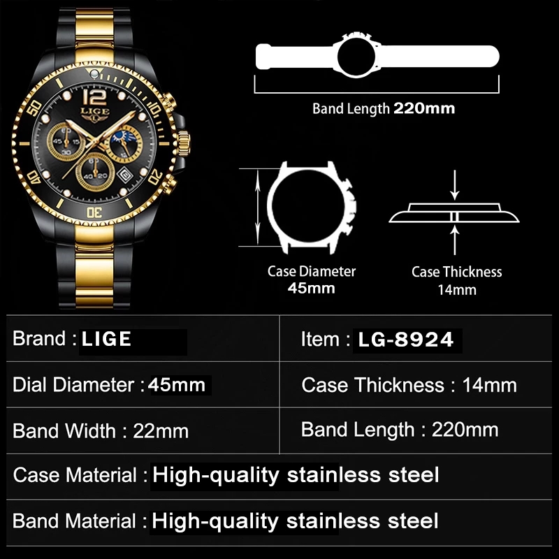 LIGE-reloj analógico de acero  - Luxury Watch Gold And Black reseña y precio